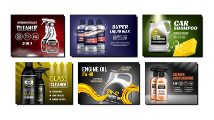 Car Products Creative Promotion Posters Set Vector. Engine Oil And Shampoo, Liquid Wax And Glass Cleaner Blank Bottles And Packages Products On Advertise Banners. Style Concept Template Illustrations