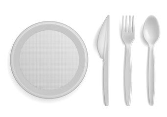 Plastic tableware. Realistic disposable serving kitchen utensil. 3D plate and cutlery. Empty bowl. Top view of spoon, fork and knife. Picnic dinnerware set. Vector flatware and dish