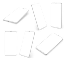 Smartphone. Realistic devices. View from different angles on 3D phones. Modern mobiles set. Frameless white screens with copy space. Cellphone advertising presentation. Vector gadgets