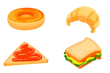 Donut, Croissant, Sandwich, Toast with Jam. Set breakfast. Bakery products. Icon in cartoon style. Isolated object.