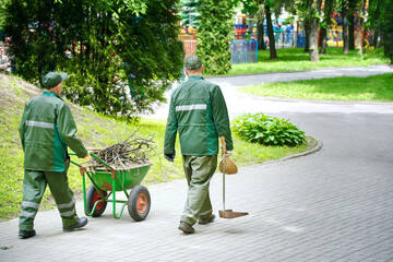 Communal cleaning service collect dry leaves and branch in wheelbarrow. Municipal garden workers clean and sweep territory, remov dust, dry branches and debris. Men with wheelbarrow, broom and dustpan