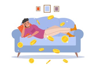 Passive income. Cartoon man earns money relaxing at home. Young male lying on couch and falling gold coins. People make successful investments. Investor gets profit. Vector revenue