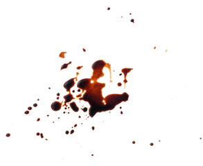 spilled black coffee on a white background. Large brown blot with fine splashes