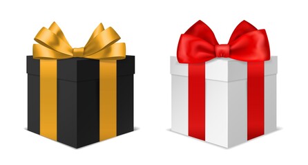 Box gift with bow. Black and white 3d luxury presents with red and gold bows. Holiday and birthday surprises. Closed cardboard wrapping containers angle view, vector realistic set