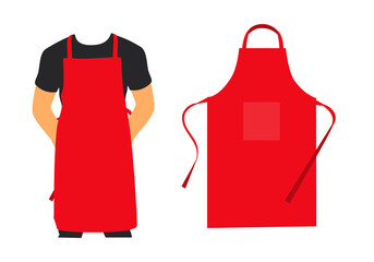 Men's red apron and flat pattern vector template isolated on white background.