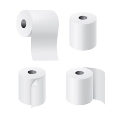 Realistic rolls paper. 3D toilet tissues with unwound pieces. Hygiene toiletry products set. Blank reels of check tapes. Vector view from different sides on wipe napkins for bathroom