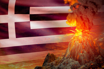 volcano eruption at night with explosion on Greece flag background, troubles because of disaster and volcanic ash conceptual 3D illustration of nature
