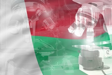 Microscope on Madagascar flag - science development conceptual background. Research in vaccine or medicine, 3D illustration of object