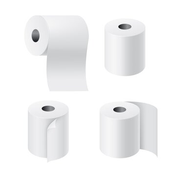 Realistic rolls paper. 3D toilet tissues with unwound pieces. Hygiene toiletry products set. Blank reels of check tapes. Vector view from different sides on wipe napkins for bathroom