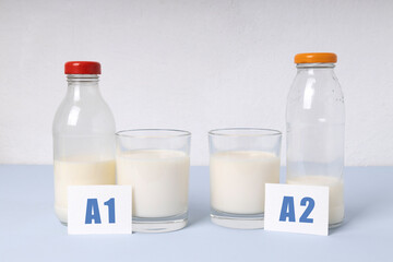 Two bottles and glass of milk different types.A1 and A2 milk variety