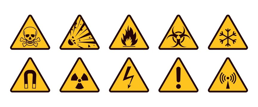 Warning signs. Realistic caution icons. Yellow and black stickers set. Danger of radiation or electricity. Flammable or toxic material. Vector symbols with exclamation mark and skull
