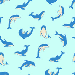 Seamless Pattern Set of cartoon dolphins in different poses, vector illustration of marine animals. Painted dolphins swim.