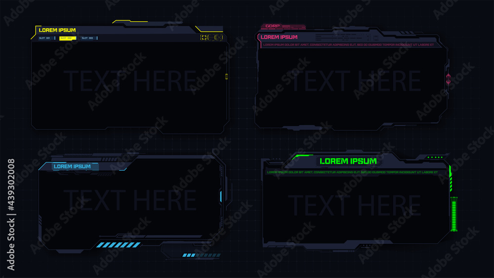 Poster a set of modern frames, callouts for user menu interface elements in futuristic hud style. good for 