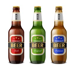 Realistic beer bottle. Glass 3D drinks containers. Refreshment brewery products template. Isolated flasks with labels. Vector different colors packaging set for alcoholic beverages