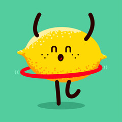 Cute lemon doing fitness exercises with hula hoop vector cartoon character isolated on background.