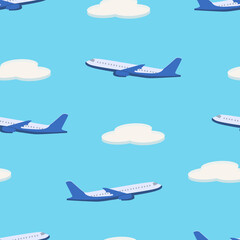 Obraz premium Seamless Pattern Passenger plane in flight on the background of the sky with clouds. Vector illustration of an airplane.