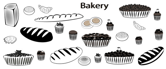 Set of Bread, loaf, baguette, chocolate cake and brownies, cherry pie, pie with currants, buns with cheese and with poppy, sesame. Cakes with berries. Vector illustration - 439302243