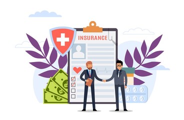 Health insurance. Insurer and patient conclude contract. Man makes deal with agent to care and treatment in hospital. Tablet with documents and people shaking hands. Vector medicine