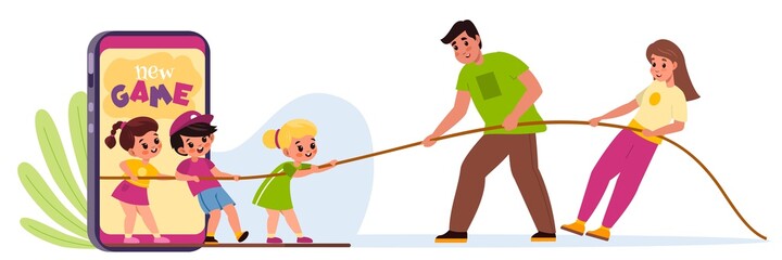 Kids mobile use limit. Parental control of Internet access for boys and girls. Children and parents pull rope in different directions. Smartphone addiction prevention. Vector limitation