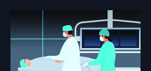Coronary Angiography Procedure. Medical Equipment. Doctor and Nurse Do Cardiac Catheterization on Patient in Laboratory on Dark Background. Modern Flat Vector Illustration. 