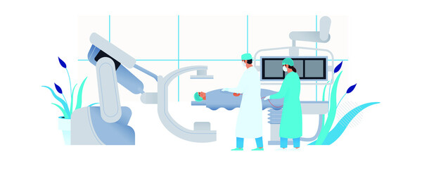 Coronary Angiography Procedure. Medical Equipment. Doctor and Nurse Do Cardiac Catheterization on Patient in Laboratory. Modern Flat Vector Illustration. 