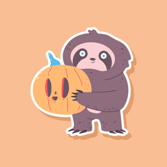 Cute sloth with Halloween pumpkin vector sticker illustration isolated on background.
