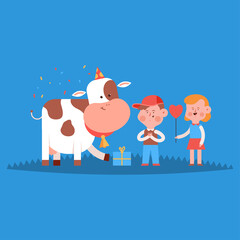 Cute cow and kids celebrate birthday vector cartoon illustration isolated on background.
