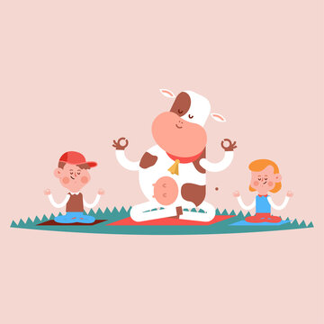 Cute cow and kids in yoga poses vector cartoon illustration isolated on background.