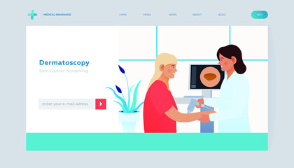 Dermatoscopy. Skin Cancer Screening. Medical Equipment. Medical Specialist Screening Patient on Birthmarks in Laboratory. Modern Flat Vector Illustration. Landing Page Design Template. Website Banner.