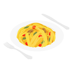 Italian spaghetti pasta with tomato sauce, mushrooms, cheese parmesan and basil in a bowl.