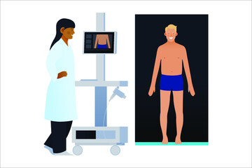 Dermatoscopy. Skin Cancer Screening. Medical Equipment. Afro American Female Medical Specialist Screening Male Patient on Birthmarks in Laboratory. Modern Flat Vector Illustration.
