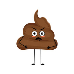 Cute shit character with angry emotions, face, arms and legs. The funny or grumpy turd with eyes. Vector flat illustration