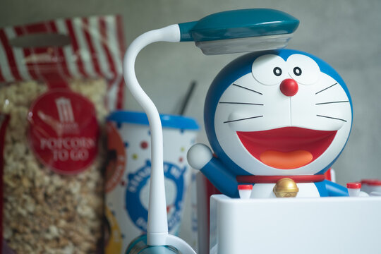 Bangkok, Thailand - June 14, 2020 : Doraemon time machine bucket set to promote the movie : Stand by Me Doraemon 2 from Major Cineplex Group Plc.