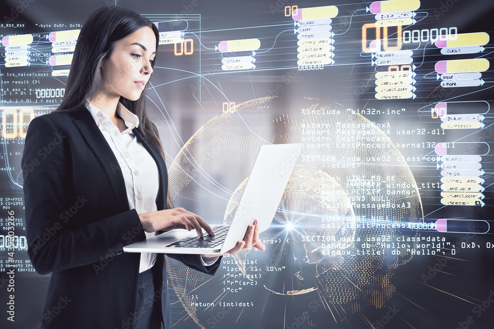 Poster Programming and online education concept with businesswoman working on laptop at digital screen background with coding and software saurce code.