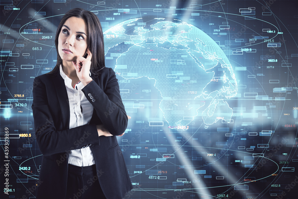 Poster big data concept with pensive young businesswoman on digital wall background with world map layout a