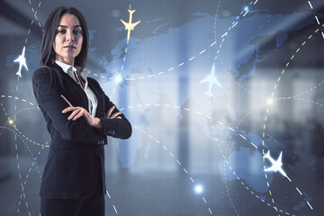 Thoughtful businesswoman standing in blurry office with glowing map and airplane hologram. Travel and online booking concept. Double exposure. - Powered by Adobe