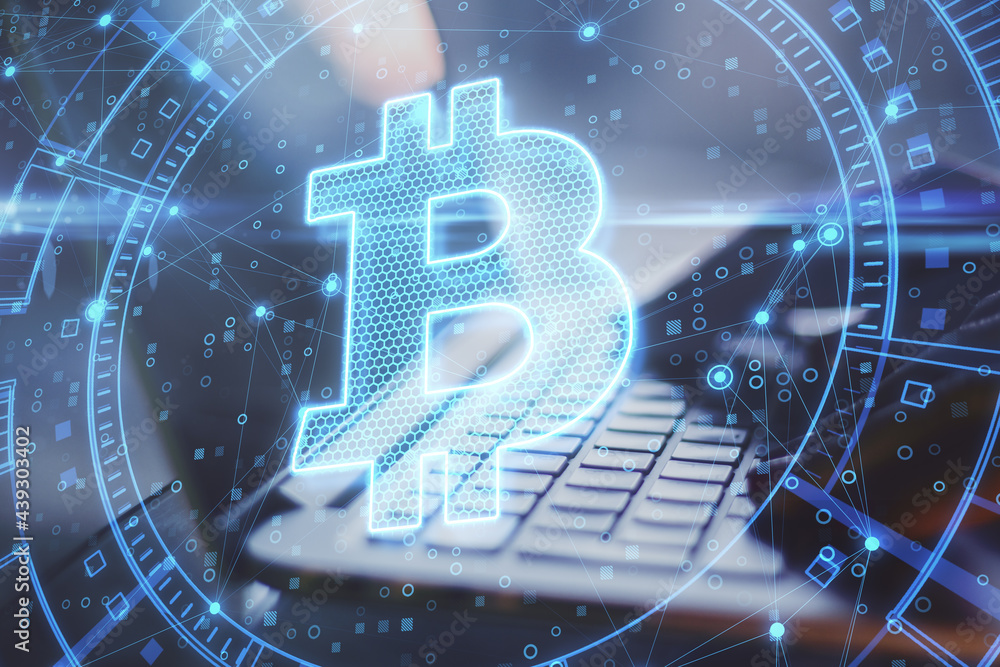 Aufkleber Close up of hands using laptop keyboard with abstract bitcoin interface. Cryptocurrency concept. Double exposure.