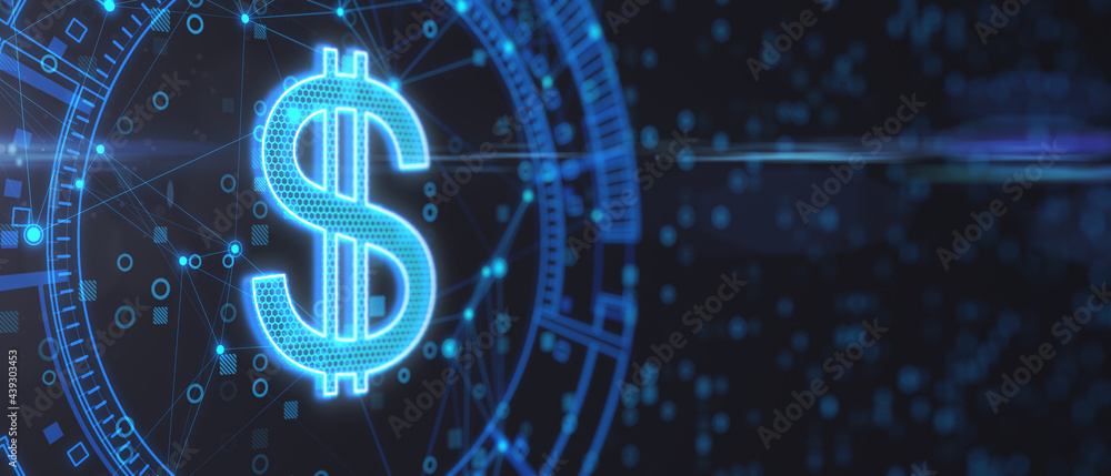 Poster dark digital backdrop with copyspace and blue glowing dollar icon, financial and currency concept. 3