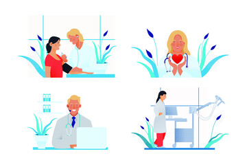 Set of Modern Flat Medical Insurance Illustrations. Blood Pressure Procedure, Medical Specialist Hold Red Heart, Spirometry, Plethysmography Equipment in Medical Office, Call Center.