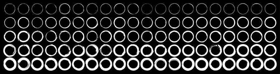 Set of 100 circle brushes elements. Different circle brush strokes. Grunge round shapes. Boxes, frames for text, labels, logo, grunge. Vector illustration.