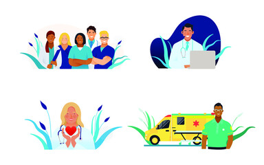Set of Modern Flat Medical Insurance Illustrations. Medical Team, Medical Specialist Hold Red Heart, Call Center, Ambulance Transport.