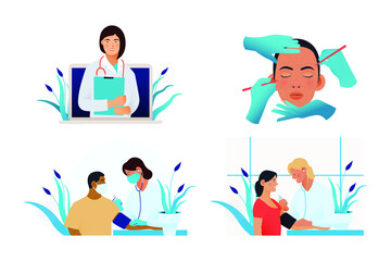 Set of Modern Flat Medical Insurance Illustrations. Medical Appointment, Cosmetic Surgery, Blood Pressure Procedure.