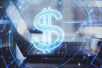 Close up of laptop with glowing dollar interface on blurry background. Online banking and money concept. Double exposure.