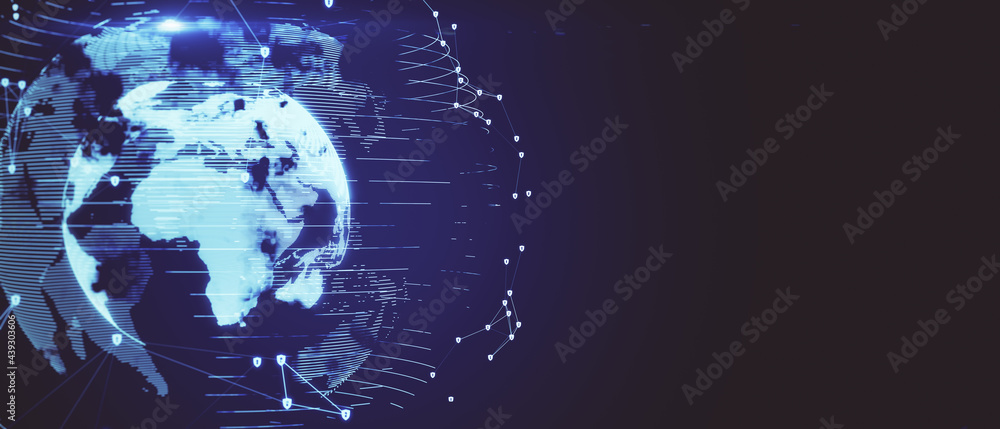 Aufkleber Digitalization concept with digital world map layout surrounded by glowing dots and lines at abstract blank dark background. 3D rendering, mock up