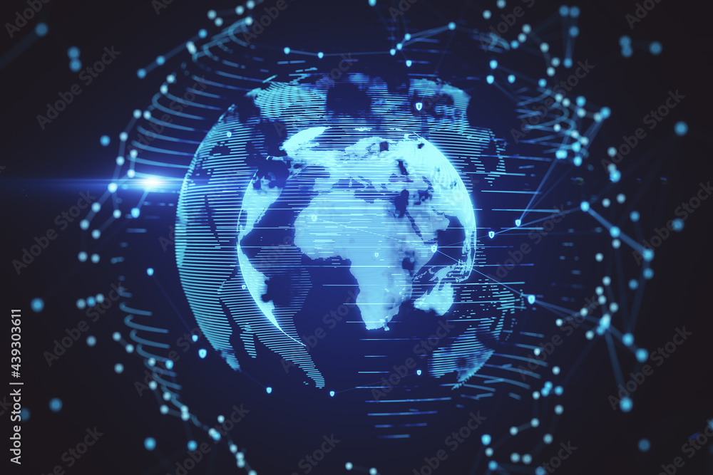 Poster Digital transformation concept with glowing the Earth planet layout surrounded by light dots at abstract dark background