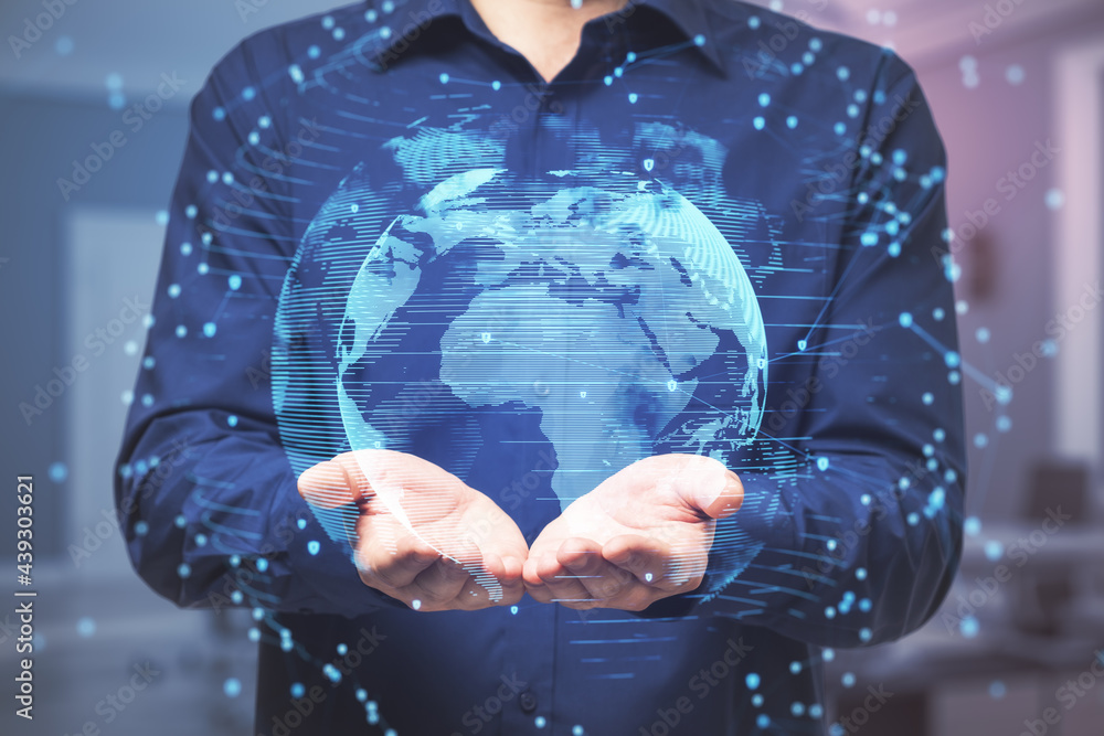 Poster big data concept with man opens his palms and digital the eartj planet with lots of glowing dots con