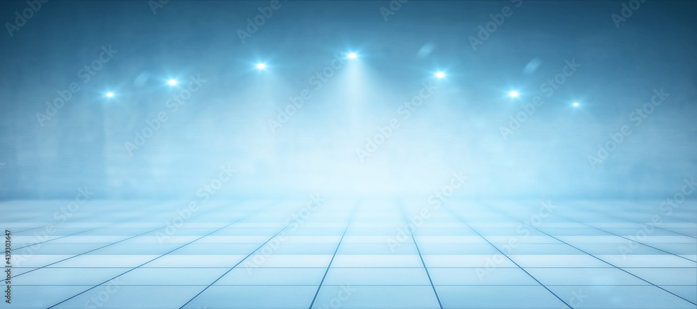 Poster Blank light squared floor in a spacious hall for performance or car presentation illuminated from spotlights on top. 3D rendering, mock up