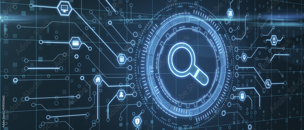 Poster Perspective view on digital glowing magnifier in technological circle surrounded by microcircuit lines, global search concept