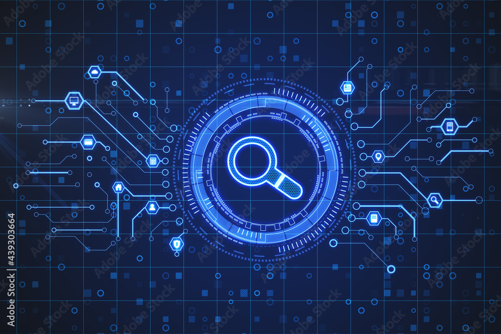 Poster Futuristic electronic search system concept with digital magnifier in a circle and circuit with internet technology icons on abstract dark background