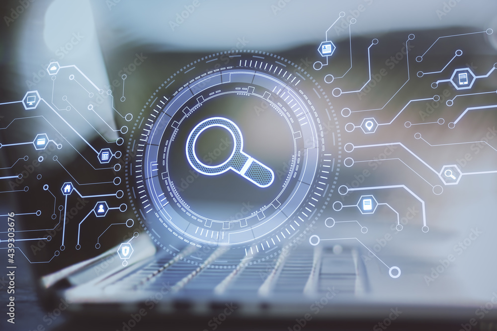 Poster laptop with abstract glowing digital business interface with search icon on blurry background. doubl